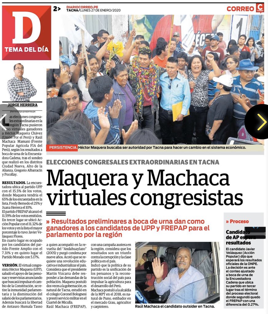 CadenaTacna's tweet photo. Asi informó el diario correo de Tacna, con nuestros resultados a Boca de Urna publicados en @radiouno_pe @diariocorreo @jhonsurco https://t.co/U4LPnkCNzX