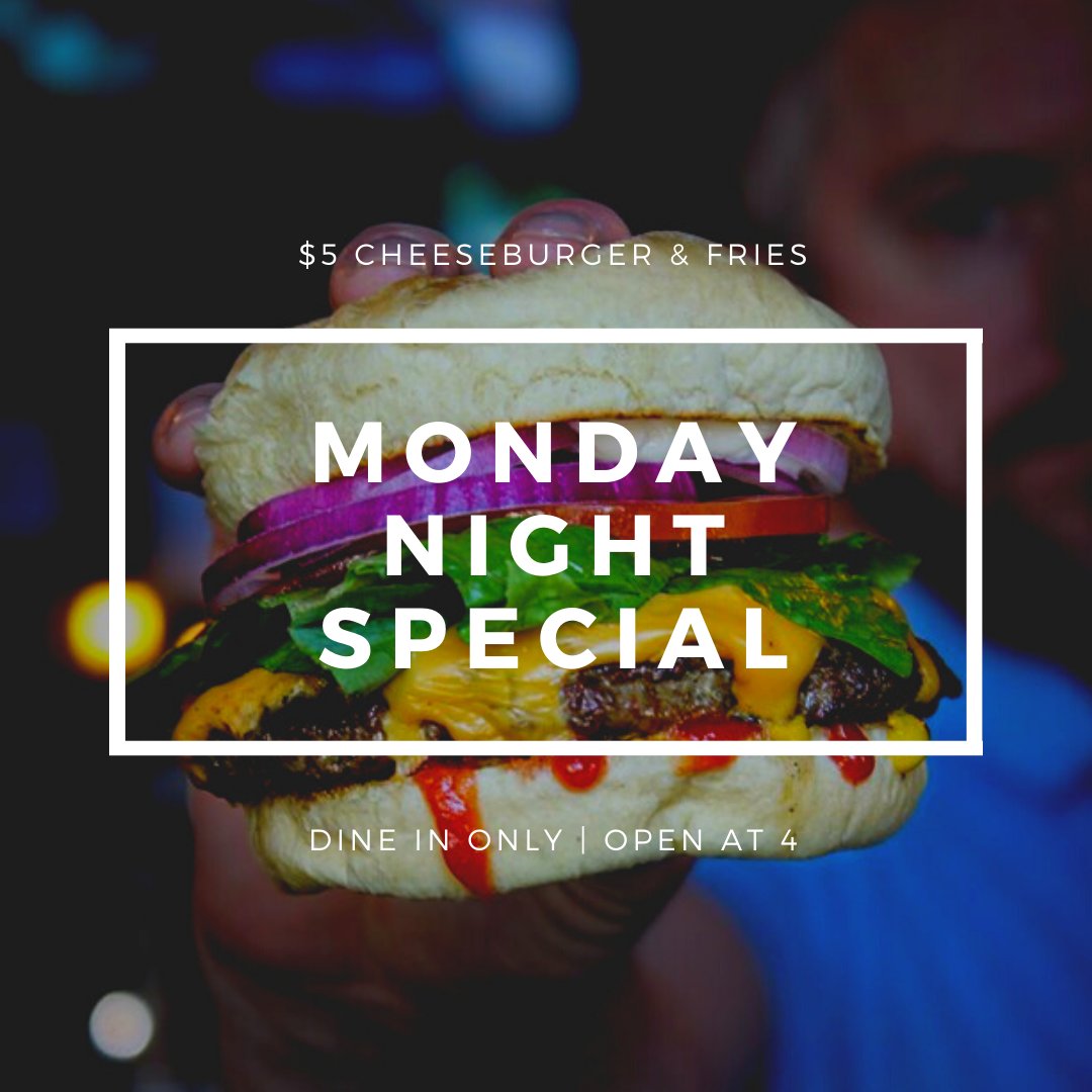 It's Monday, you know what that means: $5 cheeseburgers &amp; fries and $2.50 domestics! Doors open at 4!