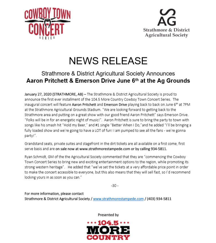 StrathStampede's tweet photo. SAGS is happy to announce Aaron Pritchett &amp; Emerson Drive co-headlining our Cowboy Town Concert Series on June 6th!

Purchase Tickets from our website! https://t.co/g1tE8KXZlU