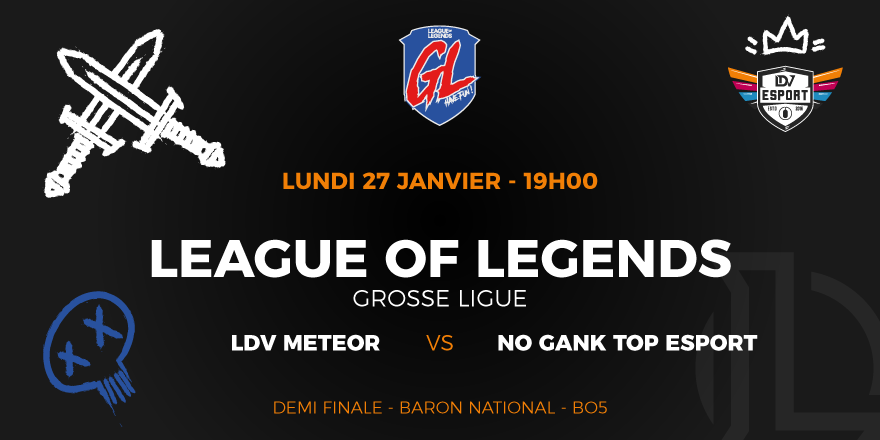 LDVEsport's tweet photo. [GROSSE LIGUE]
Ce soir, les #LdvMeteor disputent leur demi-finale de la phase Baron National face aux #NoGankTopEsport ! 🥊
Ce sera en direct de la chaine d'@OGTVLoL ! 🎬
Allez les soutenir ! 👊  
#LDVWIN
▶️https://t.co/mTsSxSJg7x 
cc @poledevinci @Student_GN @lolesports_fr https://t.co/537s3q702W