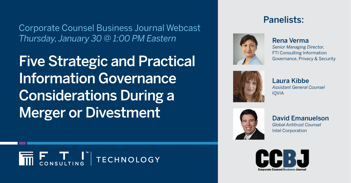 FTITech's tweet photo. Join us Thursday to hear in-house and Technology experts discuss considerations and strategies for #dataprivacy, contract review, and #legalholds to support #InfoGov initiatives during a #merger or #divestment. https://t.co/CLg8hbrzak https://t.co/KL8Ef61pvI