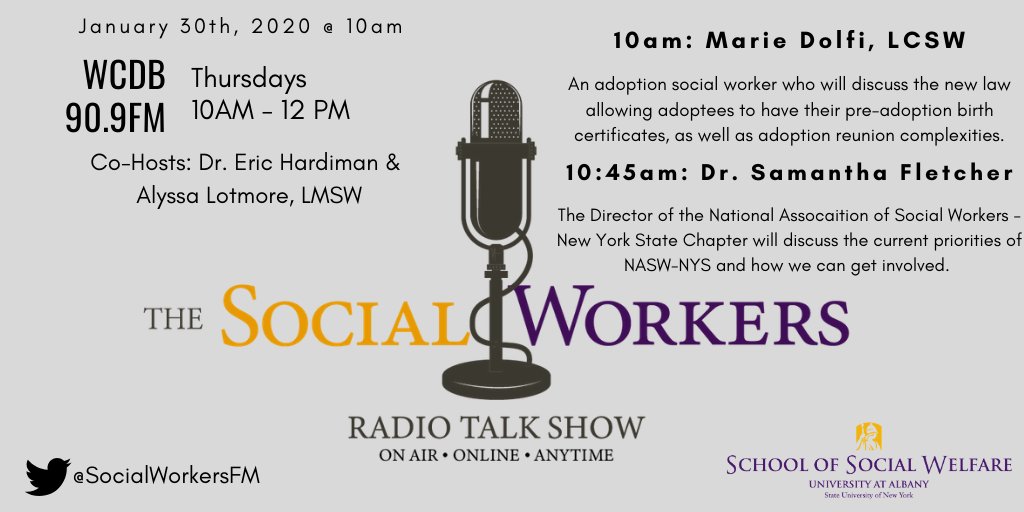 socialworkersfm's tweet image. We&apos;re back live in @wcdb this Thursday! 

At 10am, we&apos;ll discuss the new law allowing adoptees to have access to their pre-adoption birth certificate. 

At 10:45am, we&apos;ll switch topics and talk about the current priorities of @NASWNYS and how we can be involved. #UAlbany #wcdb