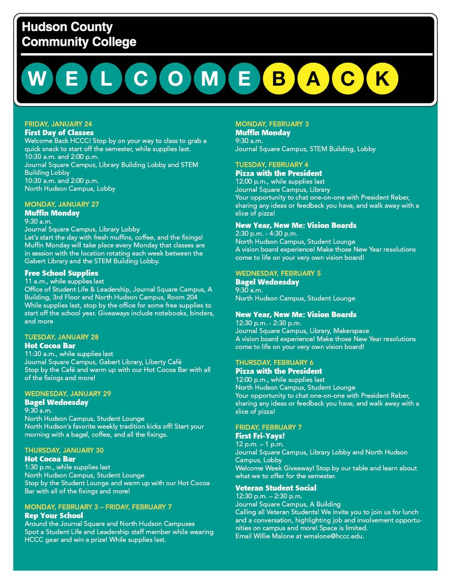HudsonCCC's tweet photo. Join us for one or all Welcome Back events! #HCCCSpring2020 #HCCCWelcomeBack #JoinUs https://t.co/47QoolSXWL