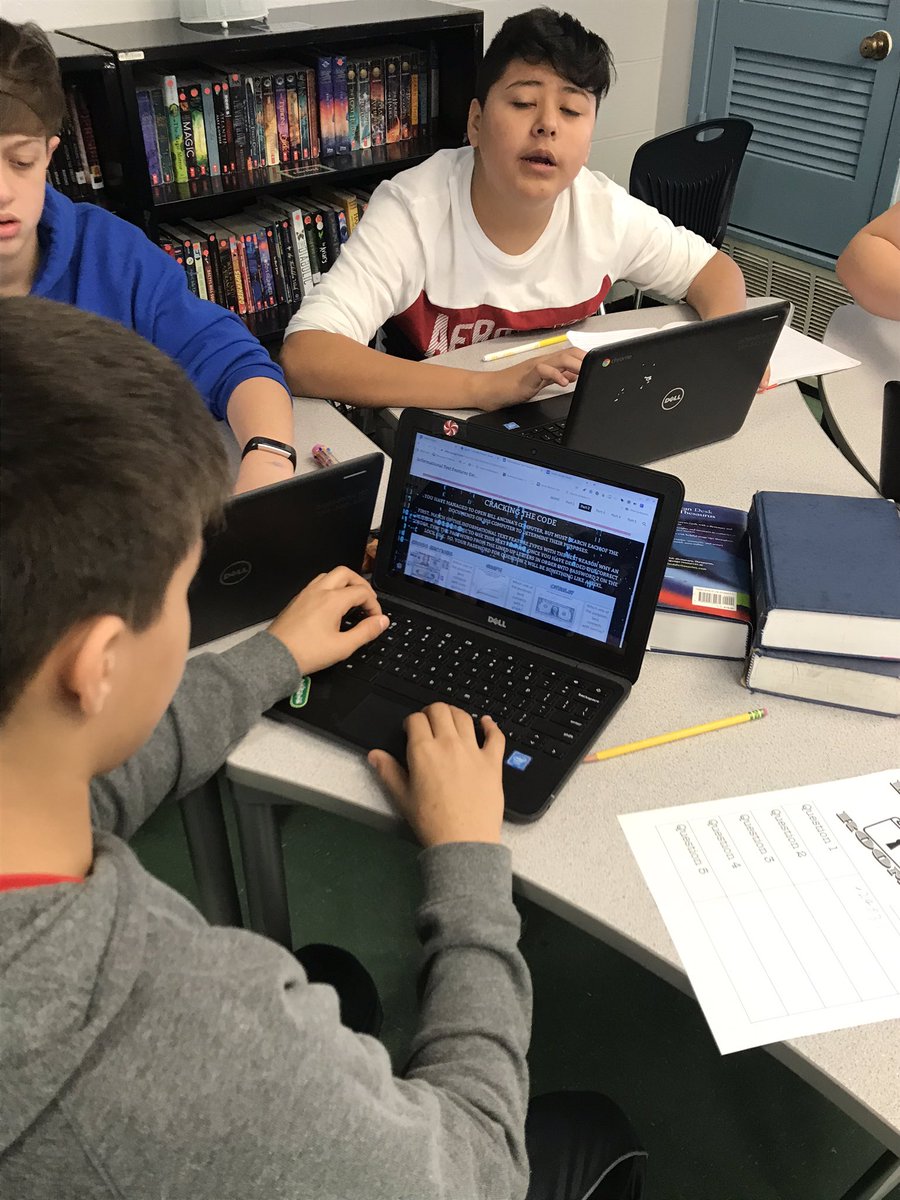 BrownELAR's tweet photo. We are working on using informational text features to aid in our digital breakout! Will these 7th graders be able to find Bill Ancina with their knowledge and skills?! @whatsnewatrjh @robinsonisd https://t.co/ZHA9mgh2Qx