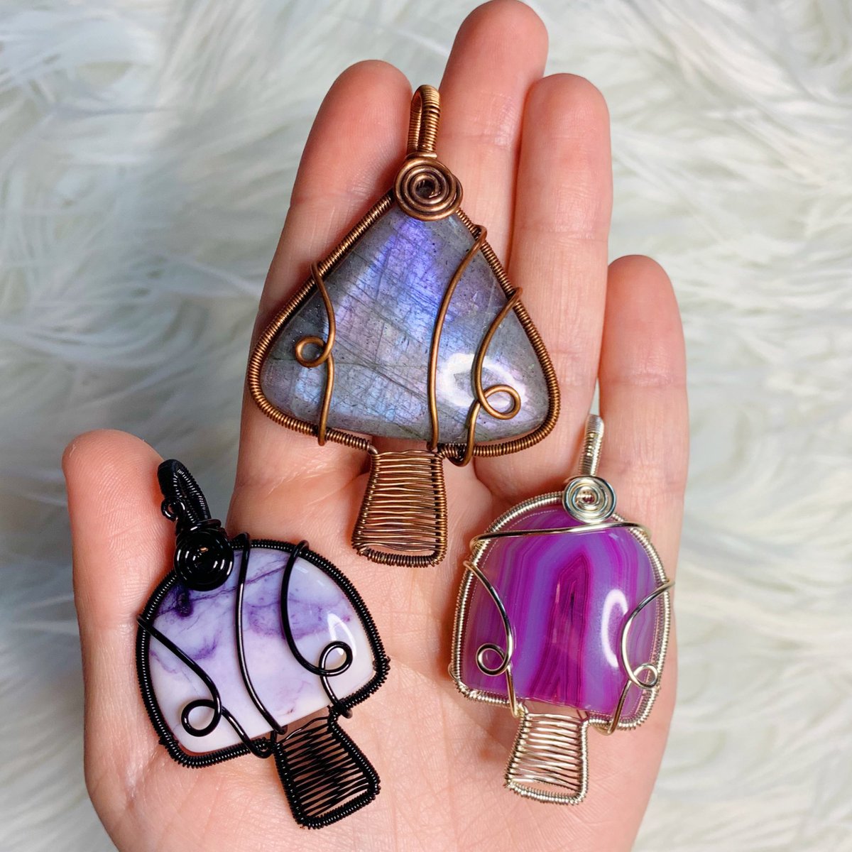 rare flash lab, purple bertrandite &amp; pink agate 🍄 pendants made by me 

available 1/31 @ 4pm EST 💗