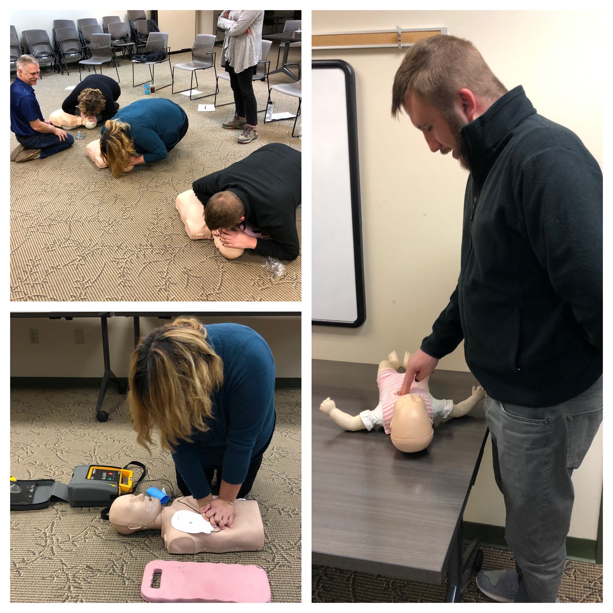 mykpl's tweet photo. Here are some KPL staffers demonstrating their knowledge of  pediatric &amp; adult first aid , CPR , &amp; AED use. Three cheers for safe spaces 🙌🏻🙌🏻🙌🏻 #mykpl https://t.co/vNs4k5spt3