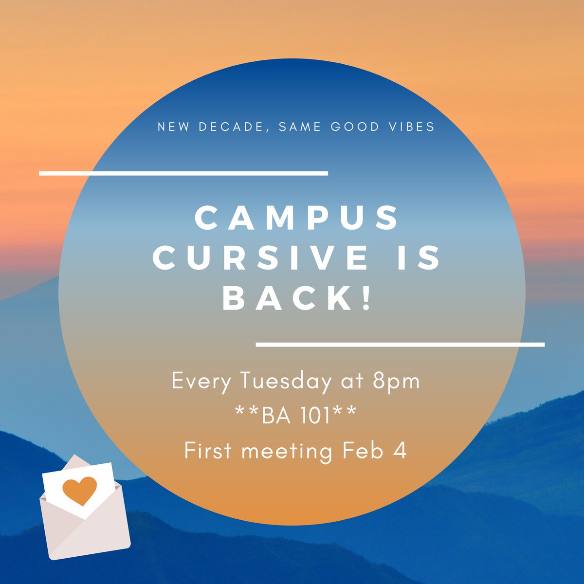 BGCampusCursive's tweet image. hi everyone! I hope you all are having a great first day of the semester! as usual, campus cursive is starting back up again soon. we will be meeting Tuesdays at 8pm, and our first meeting is Feb 4. note that we are now in a new room, BA 101! hope to see you all there!