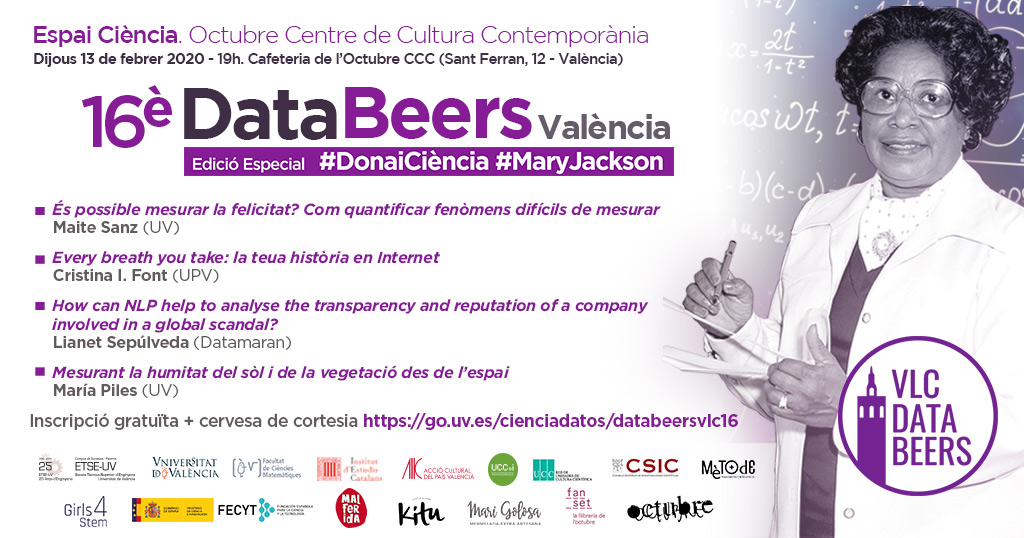OctubreCCC's tweet photo. Apunteu-vos la data en fosforescent a l’agenda: dijous 13 de febrer 16è @databeersvlc  edició especial amb @Girls4STEMVLC #DonaiCiència #MaryJackson #EspaiCiència Inscripcions + 🍺 : https://t.co/W4tVqfeFVd https://t.co/FvMnzE7prB