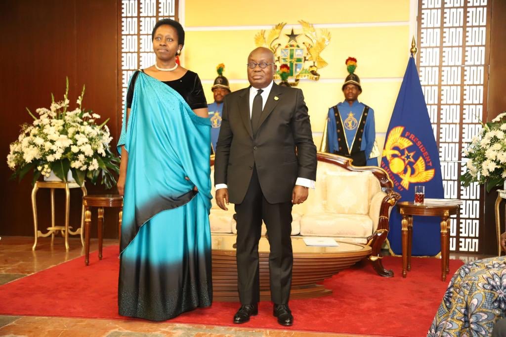 AKacyira's tweet photo. Today l’ve had the honor to present my credentials to H.E @NAkufoAddo  in Accra. My most sincere gratitude to My President H. E @PaulKagame for the honor &amp; trust. To Ghanaians &amp; fellow Rwandans, l assure u of d best of our service! Akwaaba! Murakaza neza! https://t.co/vkIE1xtFpU