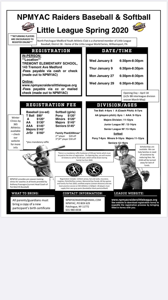 🚨Reminder - ⚾️NPMYAC Little League🥎The last walk in Registration dates are being held tonight Jan 27 and Wednesday Jan 29 at Tremont ES from 6:30pm-8:30pm. Online registration is ongoing until the end of the month. 
npmyacraiderslittleleague.org