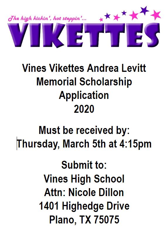 VinesVikettes's tweet photo. Vikette alumni SENIORS!!  Please consider applying for the Andrea Levitt Memorial Scholarship.  We would love to help one of our beloved alumni as you go off to college this fall!  Information is available through the Plano Senior High Counseling Office. https://t.co/DCeMSxxJDJ