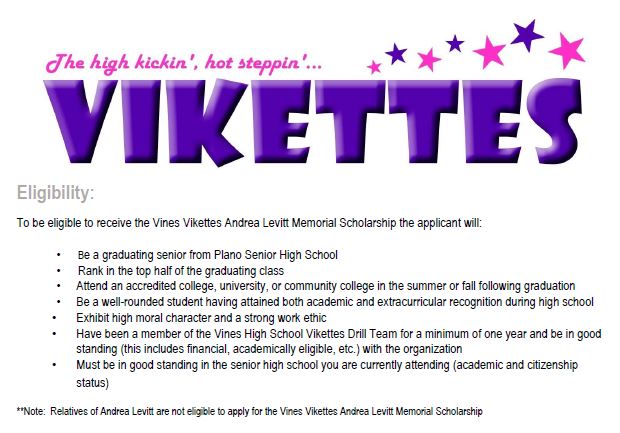 VinesVikettes's tweet photo. Vikette alumni SENIORS!!  Please consider applying for the Andrea Levitt Memorial Scholarship.  We would love to help one of our beloved alumni as you go off to college this fall!  Information is available through the Plano Senior High Counseling Office. https://t.co/DCeMSxxJDJ