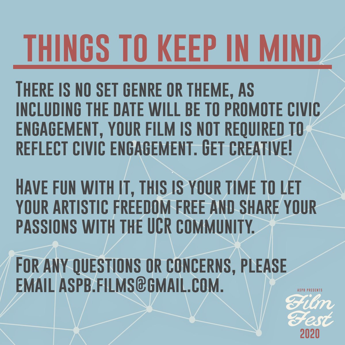 UCR_ASPB's tweet photo. Only 3 days left to submit your film to ASPB's Film Fest on 2/13/2020! 🎞️📽️ If you're a UCR film maker and want to showcase your work, this is the event for you! Here are a few things to keep in mind before you submit your film!

Submit your films here! https://t.co/XJipXBZqFw https://t.co/hWyxuXzEyn