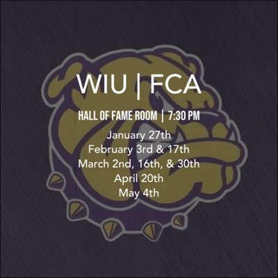 WIU_FCA's tweet photo. #NewProfilePic
Check out our schedule for FCA this semester! 

We will be kicking off 2020 with our 1st meeting tonight. Can’t wait to see all of you! 

📍Hall of Fame Room
🕰 7:30pm
🍕 Pizza will be provided!! https://t.co/pRLaGwbAgN
