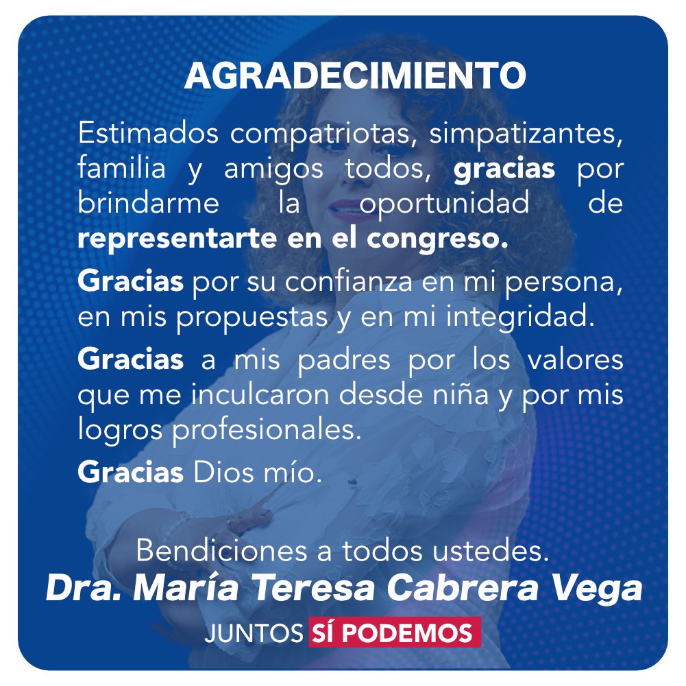 Muchas gracias a todos por darme la oportunidad de representarlos en este período congresal. Mi compromiso ya está dada y la responsabilidad de cumplir con cada propuesta planteada. Los invito a seguirme en las redes con el respeto y cariño que siempre me mostraron. Gracias Perú.