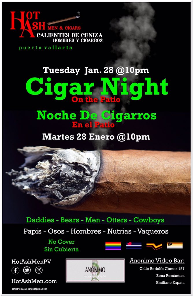 HotAshMenPV's tweet photo. es # Bear wk en #PV y organizamos una noche de cigarros para los hombres que disfrutan de los #cigarros y los hombres que los fuman. Únete a nosotros el martes. 20/01/20. Sin cobertura en el patio @AnonimoVideoBar ¡Nos vemos allí!

https://t.co/Gx8re6yb9b

#Puro #BeefDip #BLUF https://t.co/nbLCaPgDAe