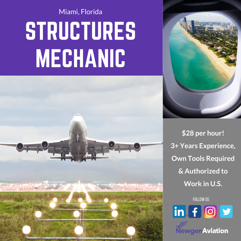 newgenaviation's tweet photo. Newgen Aviation is looking for Structure Mechanics for Miami, Florida! Apply today! Send your resume to Recruiter@newgenaviation.com #aviationmechanic #aviation #aircraftmechanic #newgenaviation #jointheteam #miamiflorida https://t.co/ZTY0XU4qJK