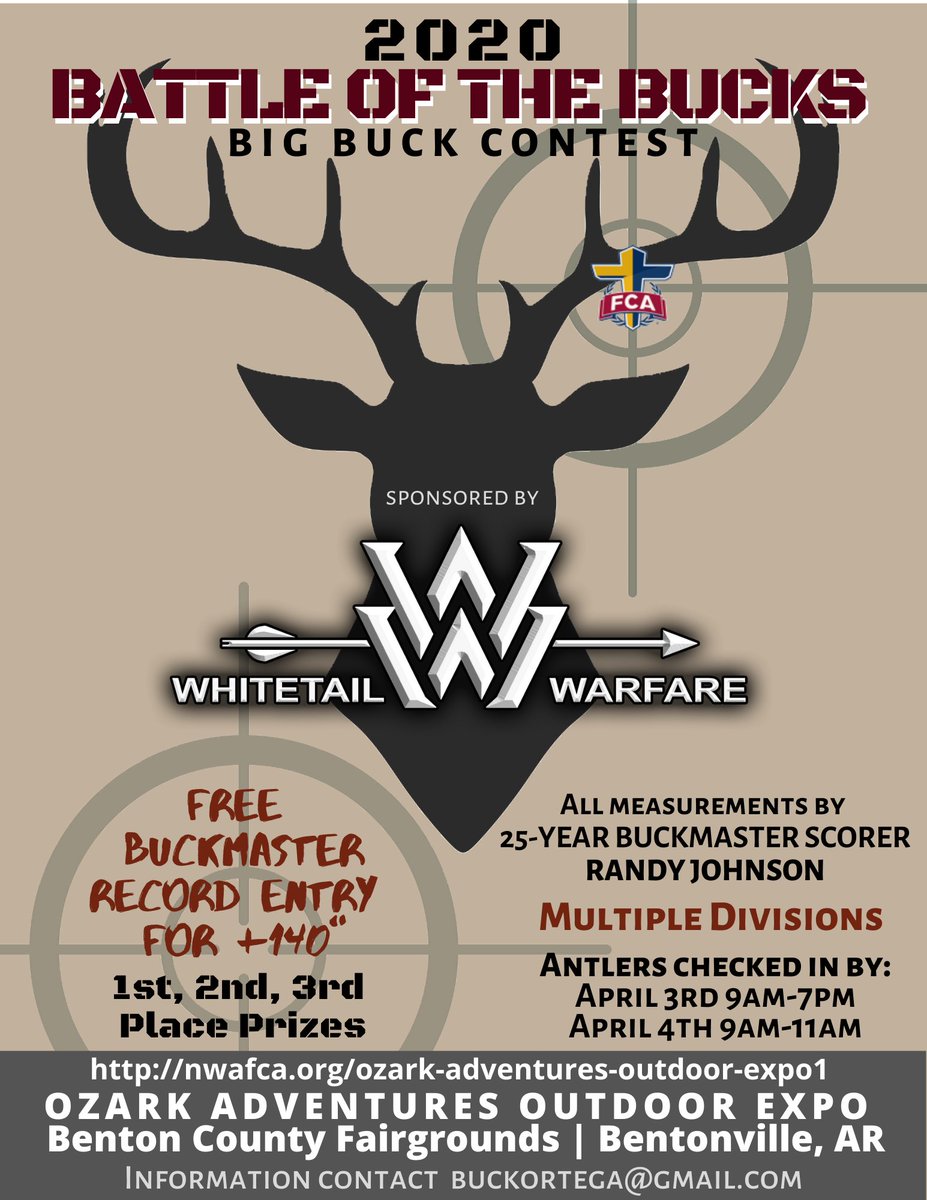 FcaNwa's tweet photo. Did you get a big buck during the 2019/2020 hunting season???
Show it off and have it measured at the BATTLE OF THE BUCKS Big Buck Contest, April 4th during at the OZARK ADVENTURES OUTDOOR EXPO event!  
https://t.co/0S25yHpdkH https://t.co/WRnq6WtblK
