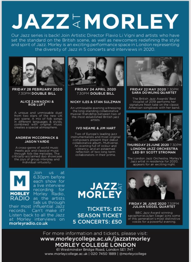 the second series of #jazz #concerts at @morley_college is confirmed. We are starting on February 28th with a double bill featuring @alicezawadzki & @robluftjazz followed by @mccormackmusic and #jasonyarde @LondonJazz #mondaymotivation #musicfestival #londonevents #musiclovers