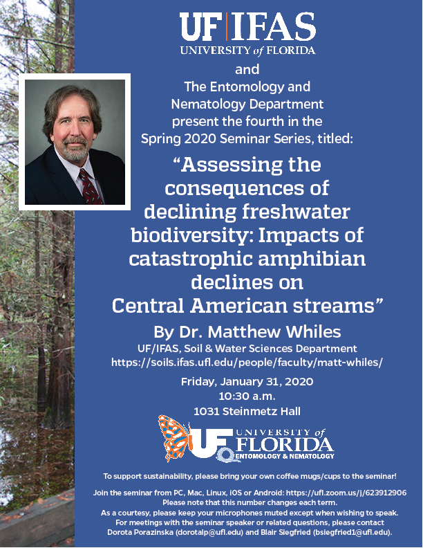 UFEntNem's tweet photo. Join us for a great #UFBugs Seminar on Friday! https://t.co/eIdeKAOlSZ

10:20 a.m. - Refreshments
10:30 a.m. - Seminar begins

Room 1031, Steinmetz Hall
1881 Natural Area Drive, University of Florida

Join the seminar from PC, Mac, Linux, iOS or Android:
https://t.co/xdcFZn5W7c https://t.co/5vUYAp9I99