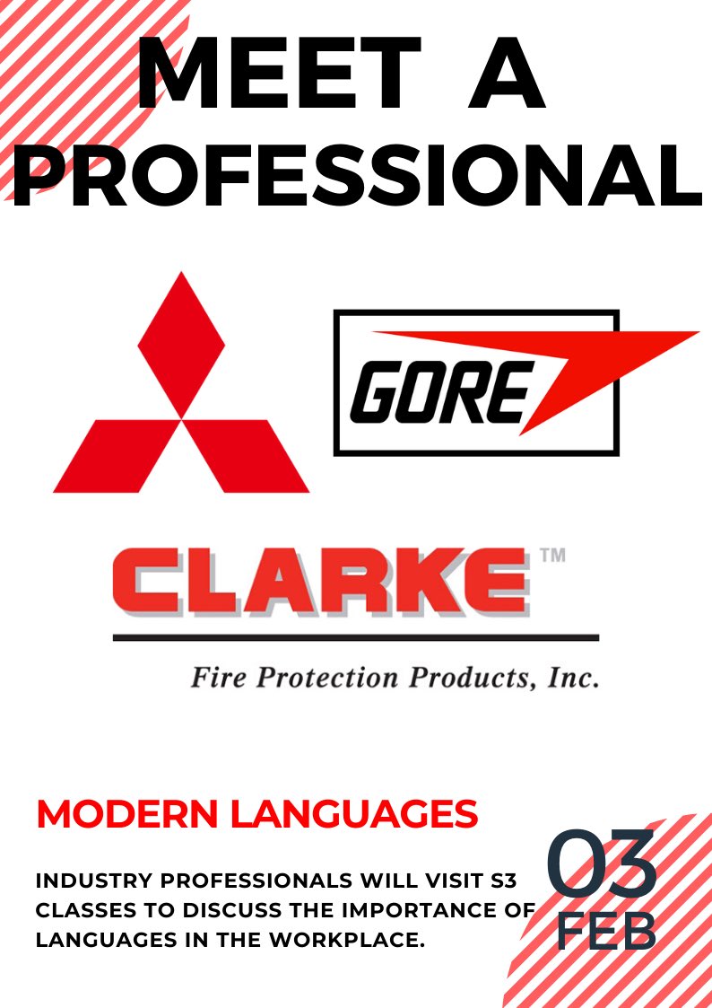 BathAcadML's tweet photo. To celebrate Languages Week Scotland & to start course choice week, we have organised the “Meet a Professional” event! 💼 We are delighted that representatives from @WLGore #Mitsubishi & #ClarkeFireProtection will visit S3 classes! 🎤 #ScotlandLovesLanguages #DYW @BathAcadDYW https://t.co/HEoqf1aaPN