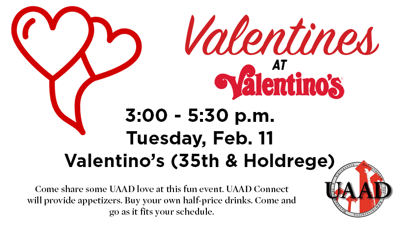 uaad_unl's tweet photo. Mark your calendar for Valentine's at Val's!

⏰: Feb 11, 3:00-5:30
📍: Valentino's, 35th &amp; Holdrege

Meet your fellow members and enjoy half-price drinks and free appetizers from UAAD Connect! https://t.co/TvKkhUABe8