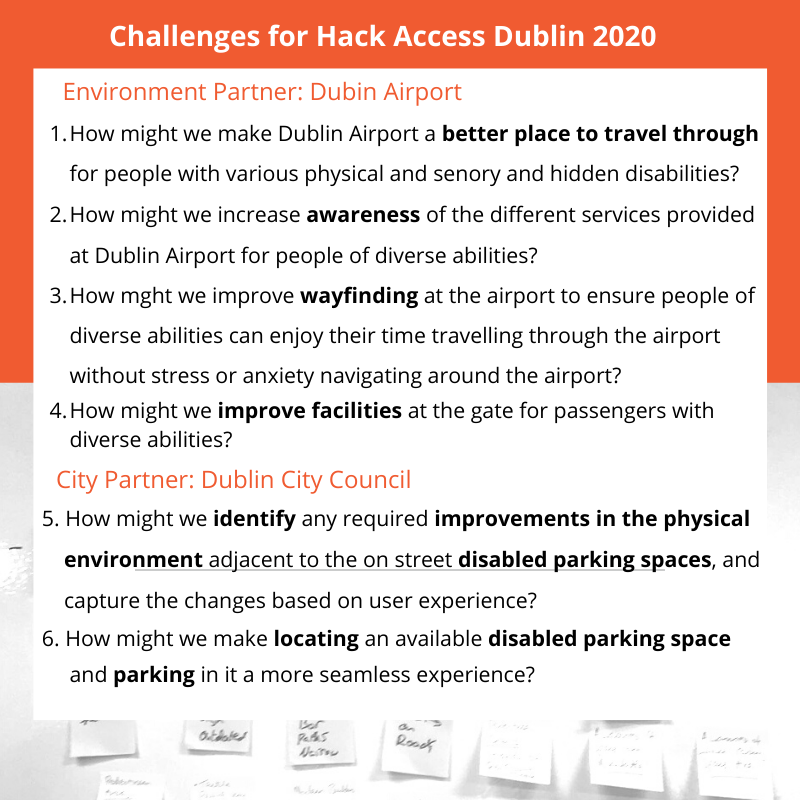 HackAccessDub's tweet photo. Here are our official #HackAccessDublin challenges! Thanks to @DublinAirport @DubCityCouncil for partnering with us this year! https://t.co/pqqTKDWLGo