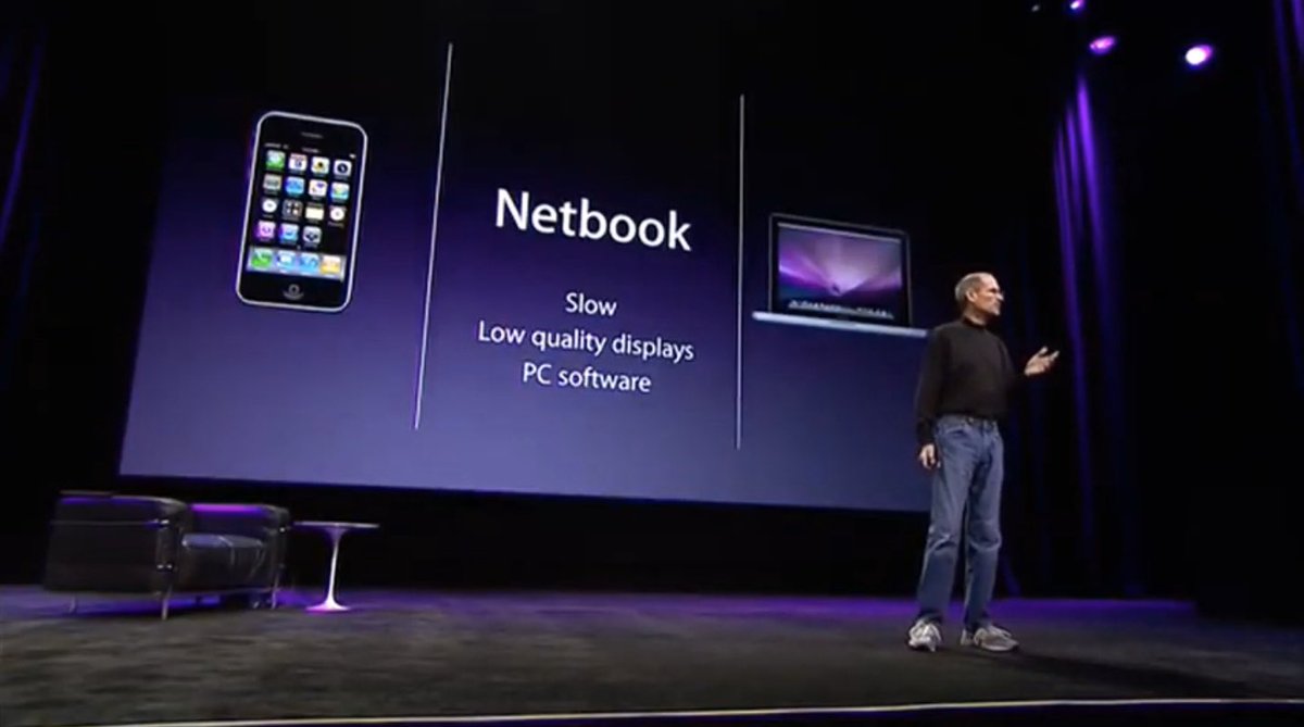 6/“Some people have thought that that’s a Netbook.” (The audience joined in a round of laughter.) Then he said, “The problem is…Netbooks aren’t better at anything…They’re slow. They have low quality displays…and they run clunky old PC software…They’re just cheap laptops.”