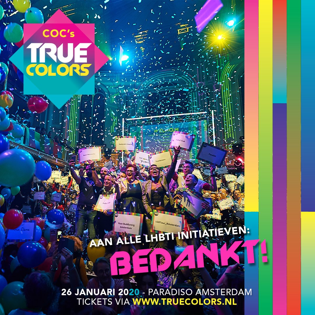 De LHBTI-iniatieven die zich het hele jaar inzetten voor onze community en de sociale acceptatie van LHBTI's kregen tijdens COC's True Colors een verdiende plek op het podium en werden in het zonnetje gezet. Wat zijn we trots op onze kleurrijke gemeenschap! Samen staan we sterk!