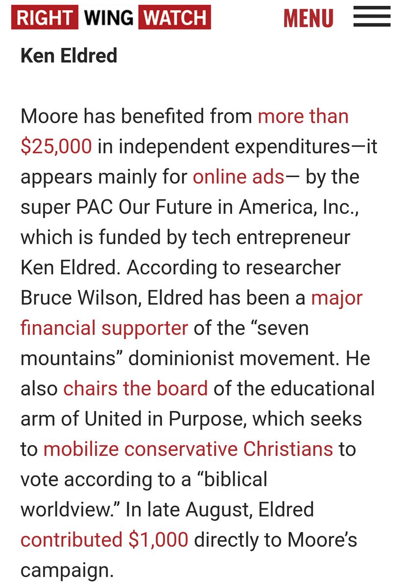 Lastly, Eldred-backed OFiA reportedly supported Roy Moore's campaign with "$25,000 in independent expenditures--it appears mainly for online ads" and Eldred himself contributed "directly to Moore's campaign." /31