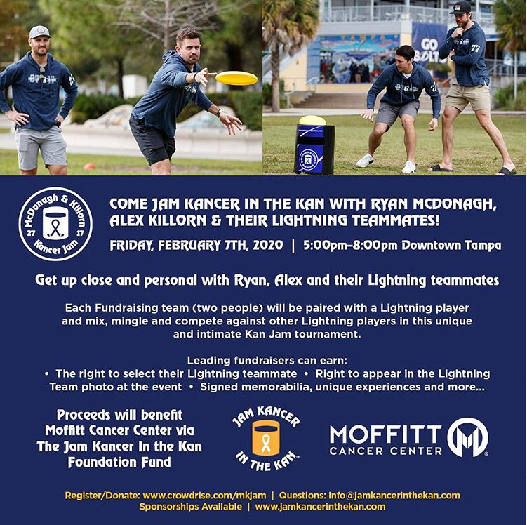 kanjam's tweet photo. Let's Jam Kancer in the Kan! 
Join Ryan McDonagh, Alex Killorn and the #TampaBayLightning for a Kan Jam Tournament Fundraiser on Feburary 7th in Downtown Tampa. Proceeds will benefit Moffitt Cancer Center. #MKJAM

Join the Fight: https://t.co/dNc1cPByV9 https://t.co/RZdCk3cuVZ