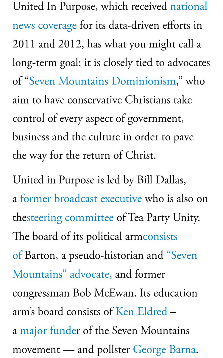 The 7-M aspirations within United in Purpose & its leaders--including Eldred, Dallas, Barton & McEwen--are strong.UiP is "a data-mining operation that seeks to transform culture in 'what some people call the seven mountains,' according to [Dallas]." /32 https://twitter.com/visionsurreal/status/1085956958505578496?s=19
