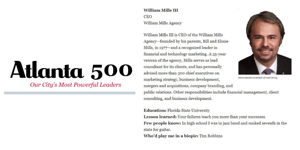 wmagency's tweet photo. William Mills Agency is proud to see our CEO, @williamemills, featured in @atlantamagazine’s list of the 500 most Powerful Leaders for the second year in a row! Click here to read his full bio: #
https://t.co/lyyUQAO8tV  #Atlanta500 https://t.co/LooVN9Czsg