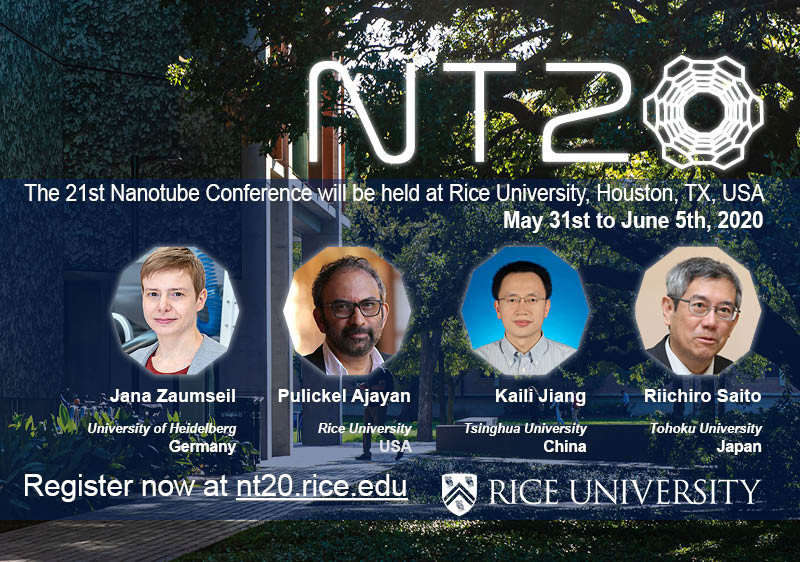 NTconference's tweet photo. Rice University is proud to host the 21st annual Nanotube Conference (NT20) in Houston, TX, USA (from May 31 to June 5). Early bird registration now open. https://t.co/CZbXNjH7bh https://t.co/alhYiURI66