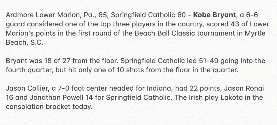 DavidPJablonski's tweet image. An interesting local connection to Kobe Bryant: He played against Springfield Catholic Central, which starred Jason Collier, on Dec. 28, 1995. That Irish team won state a couple months later. Here's the recap from the News-Sun archives.