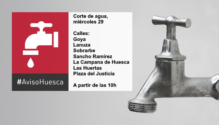 aytohuesca's tweet photo. 📣 #AvisoHuesca

🚱 Corte de agua, miércoles 29 de enero

📍 Afectará a varias calles del Coso Bajo como consecuencia de las obras de reurbanización

Más información 👇
https://t.co/4LmTjy778X https://t.co/BYBfpF8EzS