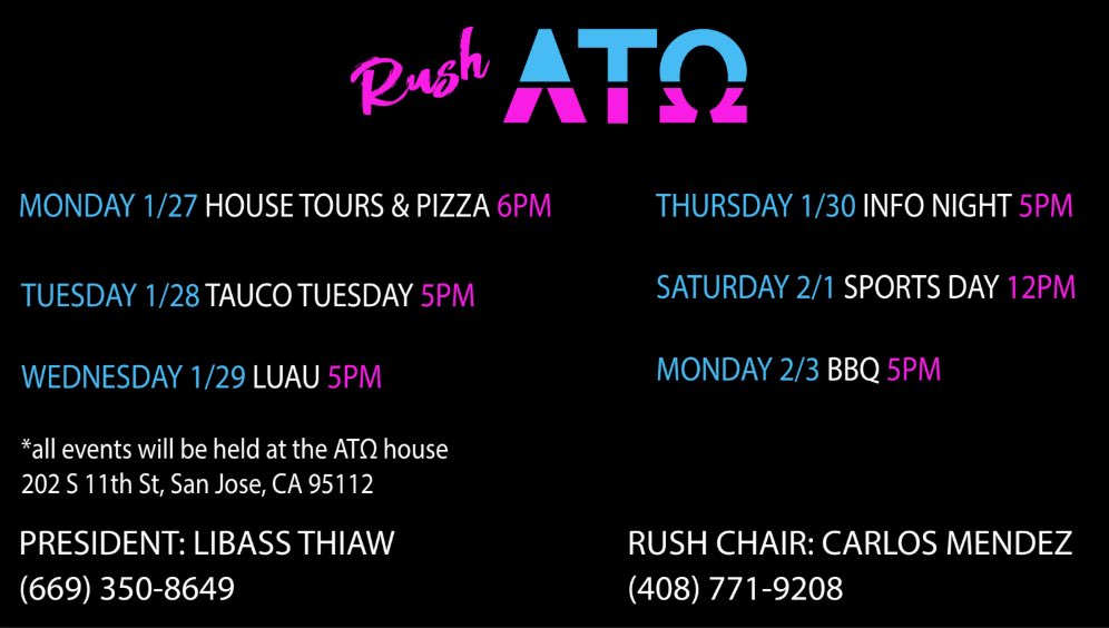 With the semester under way, we couldn’t be more excited to release our rush events for Spring 2020 ⚡️ be sure to slide to the house to meet the bros, eat some food, and learn what we’re all about 🏆 #rushsjsuato