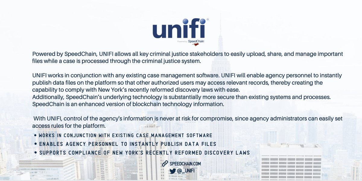 ItsDanielCage's tweet image. Powered by @_SpeedChain, @_Unifi allows all key criminal justice stakeholders to securely upload, share, &amp;amp; manage important files through the criminal justice system.
speedchain.com/unifi

#NYSAC2020