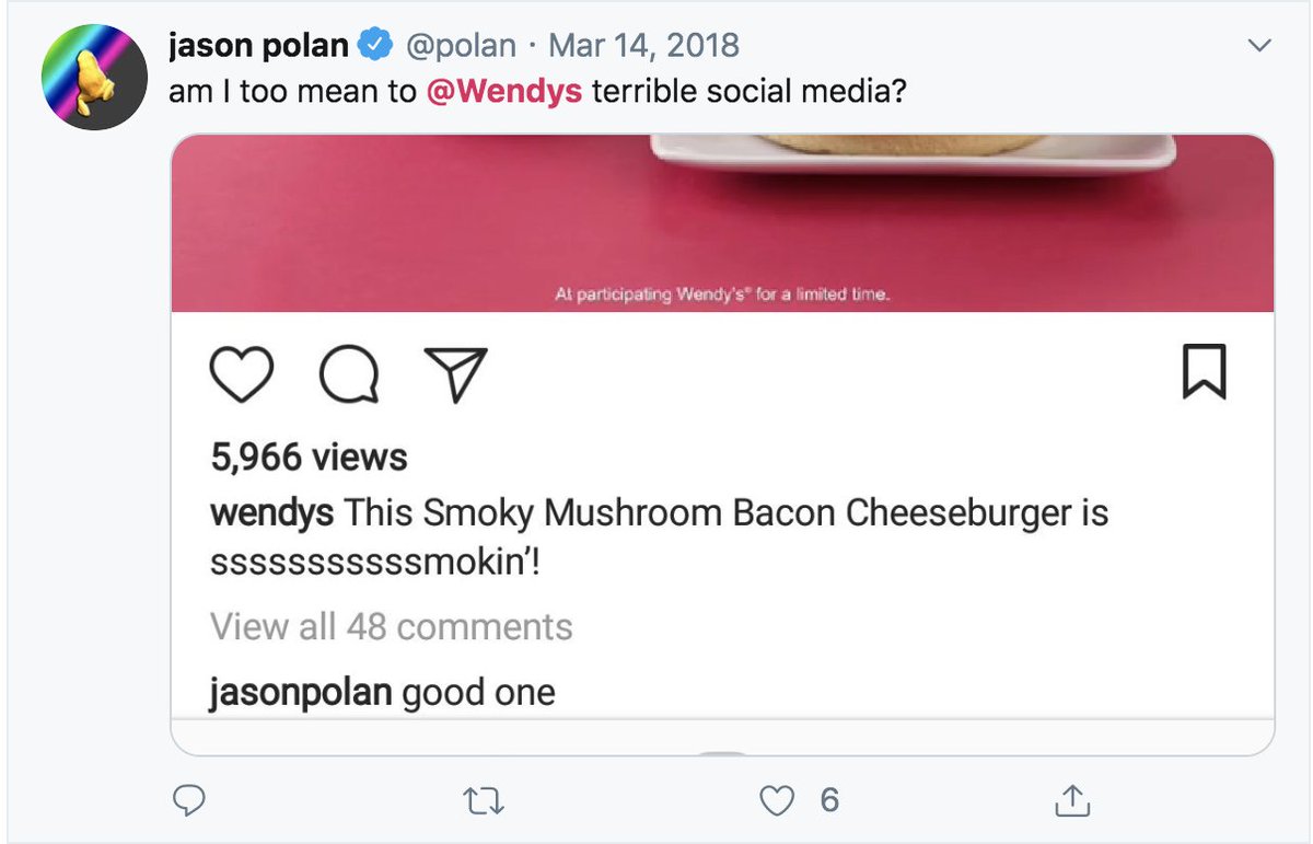waltergreens's tweet photo. One of the many things I loved about Jason was his ongoing feud with the Wendy's social media team. https://t.co/jdgyZyq0I3