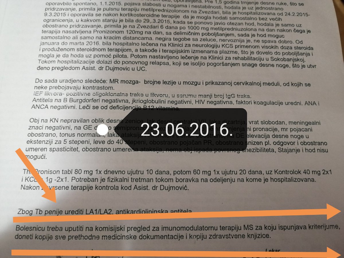 MSprepelicak's tweet photo. Dijagnoza MS od februara 2015,bolesnicu treba uputiti na komisijski pregled za imunomodulatornu terapiju i tako pri svakoj hospitalizaciji kojih je bilo mnogo,samo sto nije docekala taj komisijski pregled i dobila terapiju.
Umrla je u oktobru 2017.
#lekzasve
#msplatforma https://t.co/0xTaGof1Rx