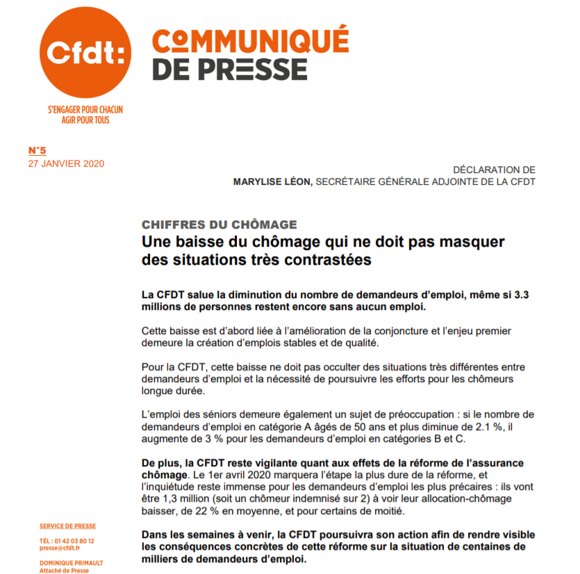 CFDT's tweet image. || COMMUNIQUE DE PRESSE || La CFDT salue la diminution du nombre de demandeurs d’emploi mais reste vigilante quant aux effets de la réforme de l’assurance
#chômage : l’inquiétude reste immense pour les demandeurs d’emploi les plus précaires

cfdt.fr/upload/docs/ap…