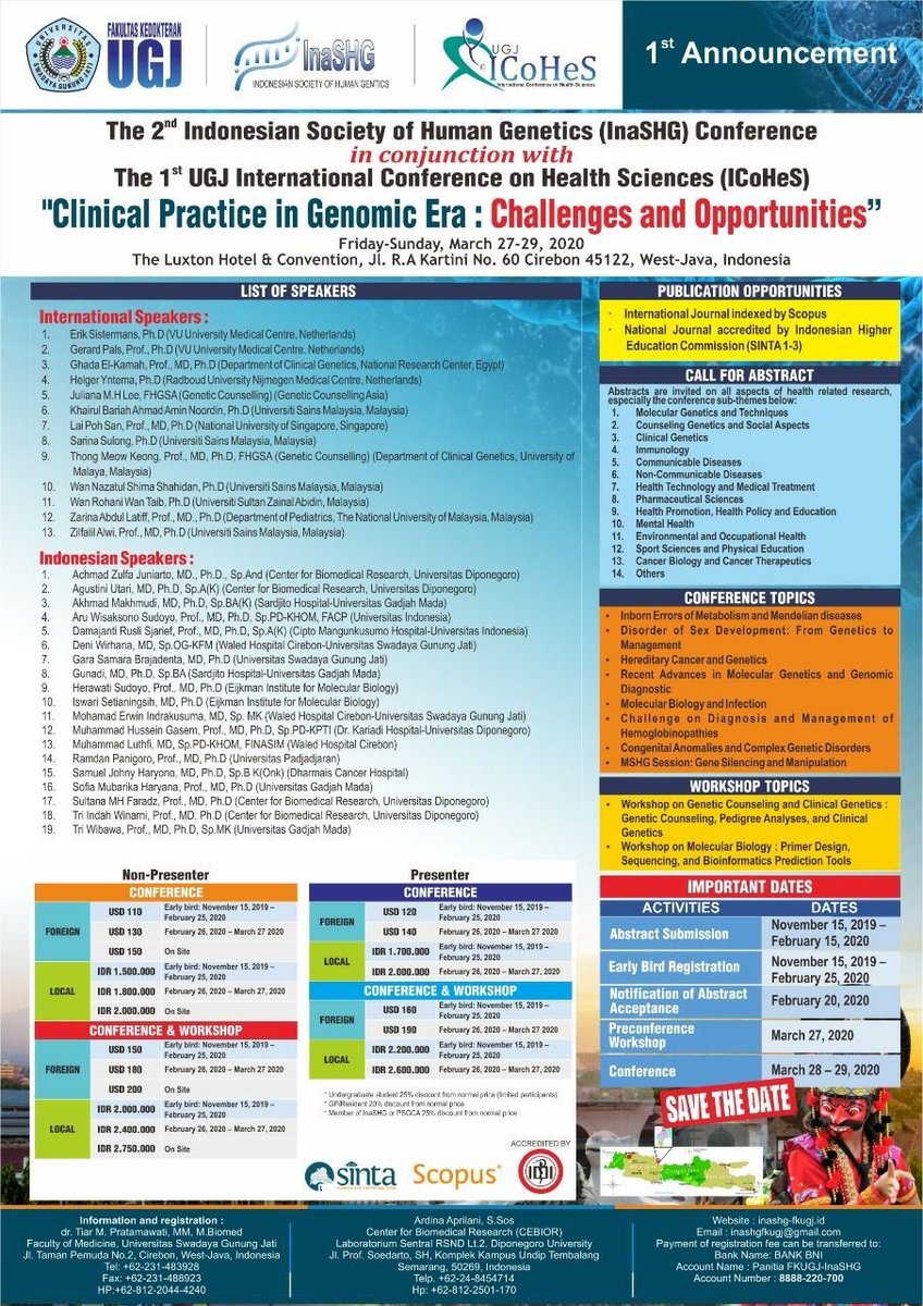 PSGCinAsia's tweet photo. The 2nd InaSHG conference is here! 
In addition, a two-day course on Medical Genetics will be held in Semarang, Indonesia.
# PSGCA # InaSHG #GeneticConferences #GeneticsinAsia # Medical Genetics https://t.co/zXNPh8604K