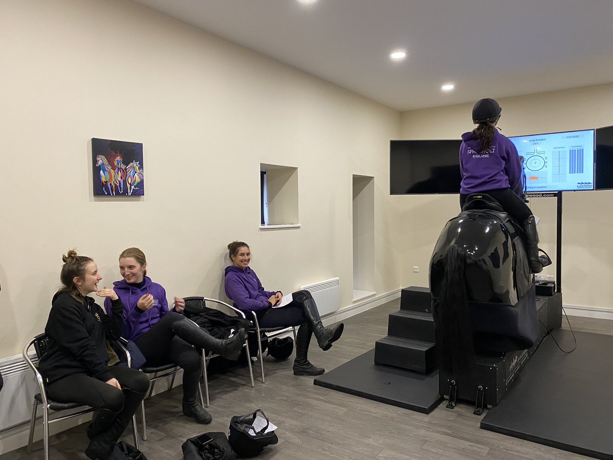 ljcequine's tweet photo. After a great equine eye dissection this morning the extremely wet afternoon saw a change of plans for @UC_Sparsholt year 1 equine undergrads with some rider performance data collection on our @RacewoodLtd event simulator using beautiful @ChildericUK event saddle #stemequine https://t.co/sRk3xKSZ5g