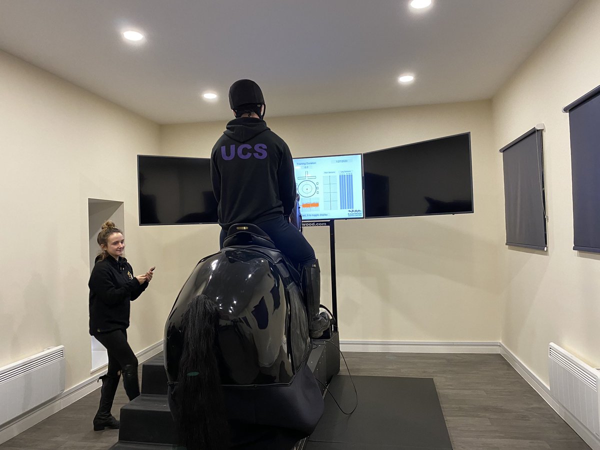 ljcequine's tweet photo. After a great equine eye dissection this morning the extremely wet afternoon saw a change of plans for @UC_Sparsholt year 1 equine undergrads with some rider performance data collection on our @RacewoodLtd event simulator using beautiful @ChildericUK event saddle #stemequine https://t.co/sRk3xKSZ5g