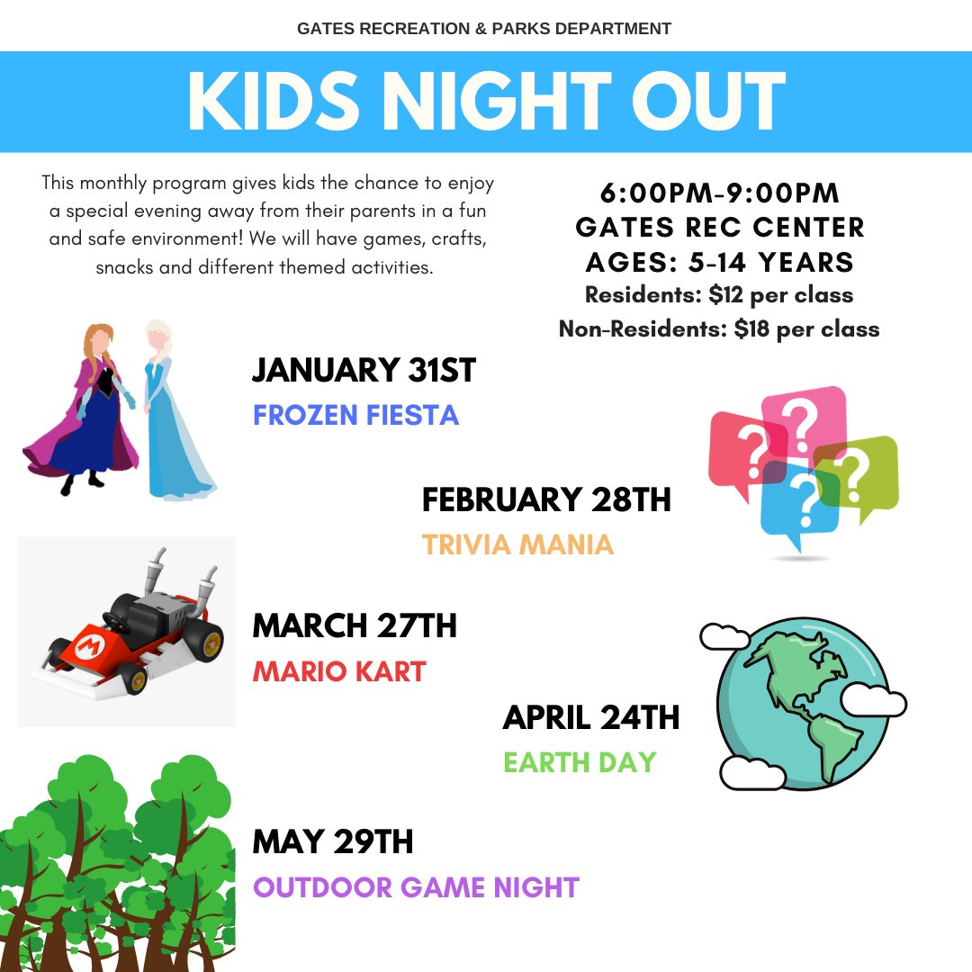 With the new season brings new themes for our Kids Night Out program.  This Friday we will kick things off with a Frozen Fiesta!  Space is limited so sign up now to ensure your spot as we cannot guarantee space for walk ins.
#gatesrec #gatesrecreation
