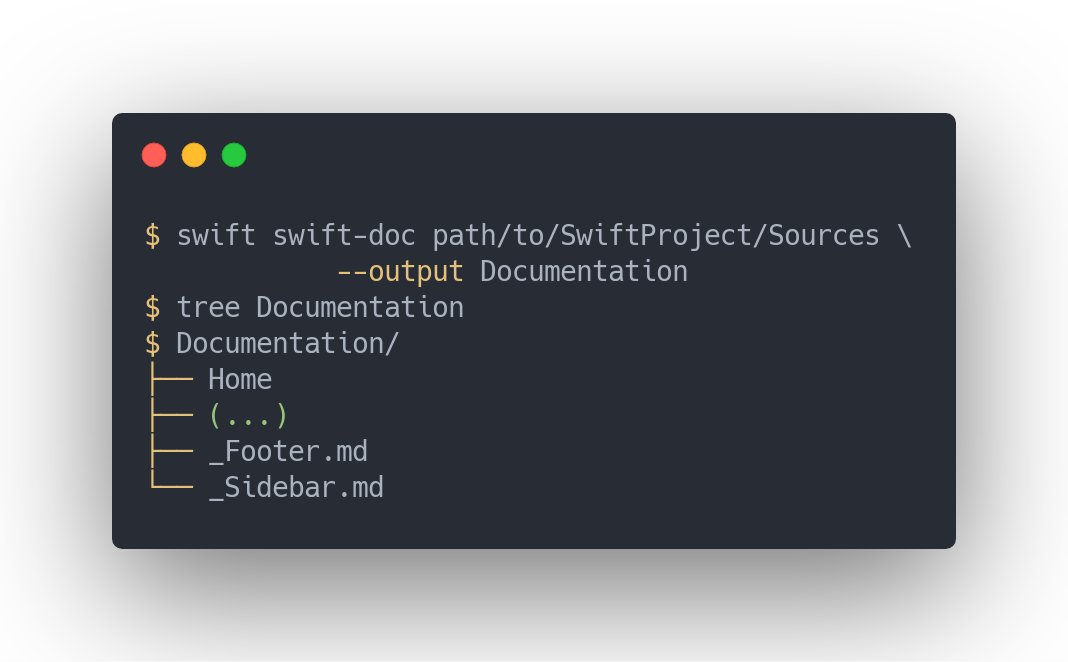 $ swift swift-doc path/to/SwiftProject/Sources \
			--output Documentation
$ tree Documentation
$ Documentation/
├── Home
├── (...)
├── _Footer.md
└── _Sidebar.md