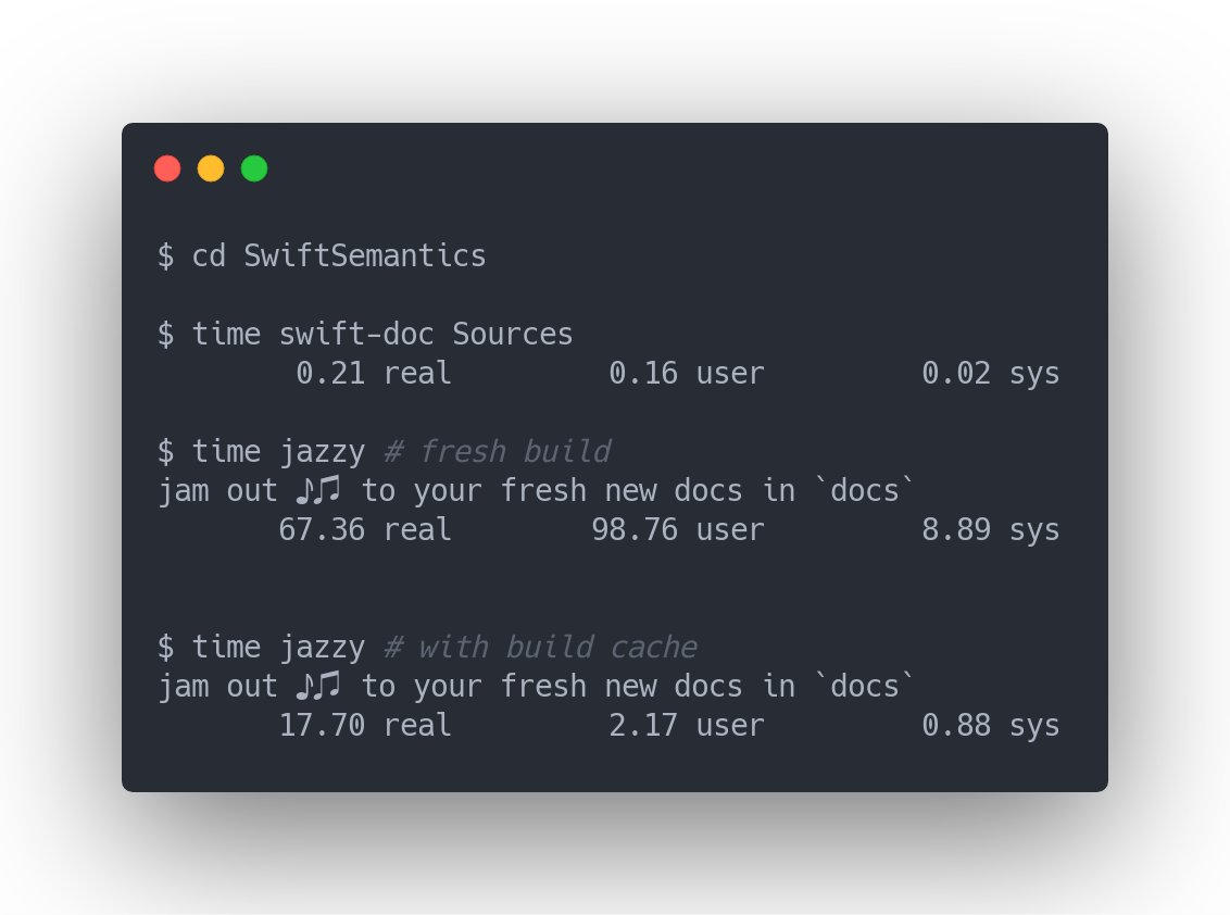 $ cd SwiftSemantics

$ time swift-doc Sources
        0.21 real         0.16 user         0.02 sys

$ time jazzy # fresh build
jam out ♪♫ to your fresh new docs in `docs`
       67.36 real        98.76 user         8.89 sys


$ time jazzy # with build cache
jam out ♪♫ to your fresh new docs in `docs`
       17.70 real         2.17 user         0.88 sys