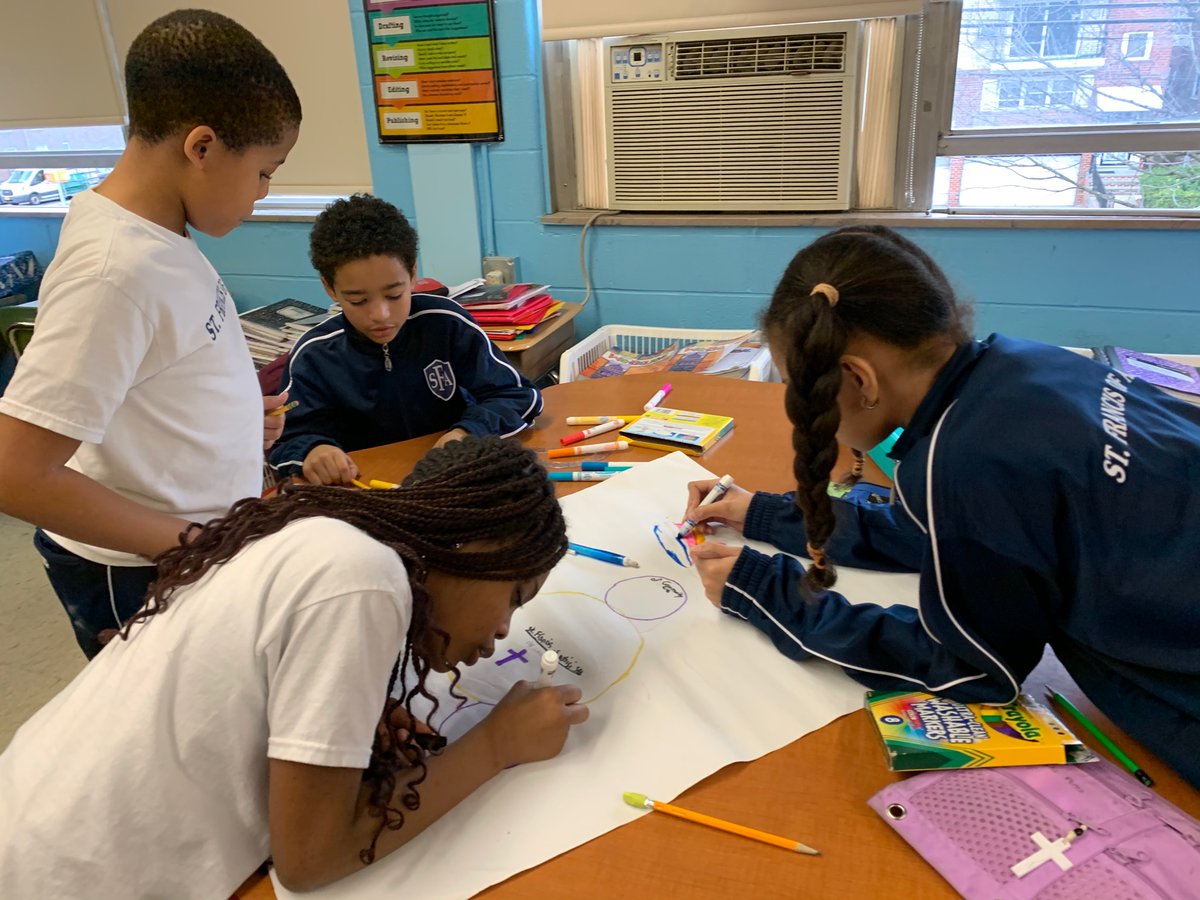 Grade4sfabx's tweet photo. Grade 4 working hard making Catholic Schools Week posters illustrating how we as a school Learn, Serve, Lead and Succeed.@SFABronx, #CSW20, https://t.co/31u9FGw0s8