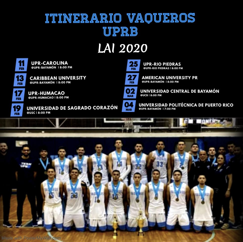 #LAIBasket 🏀
¡Se acerca la LAI 2020!

Aquí los itinerarios de nuestras Vaqueras y nuestros Vaqueros, quiénes esperan contar con tu apoyo. 

¡Date cita en sus partidos! 🏇🏾
#TeamUPRB #SangreAzul 

IG: ⛹🏻‍♀️uprb_vaqueras ⛹🏽‍♂️uprb.basketball