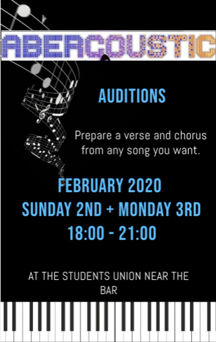 Abercoustic will be at refreshers fair in the university tomorrow from 10-3. If your interested or just want to learn more check us out. 

Audition dates are also available!